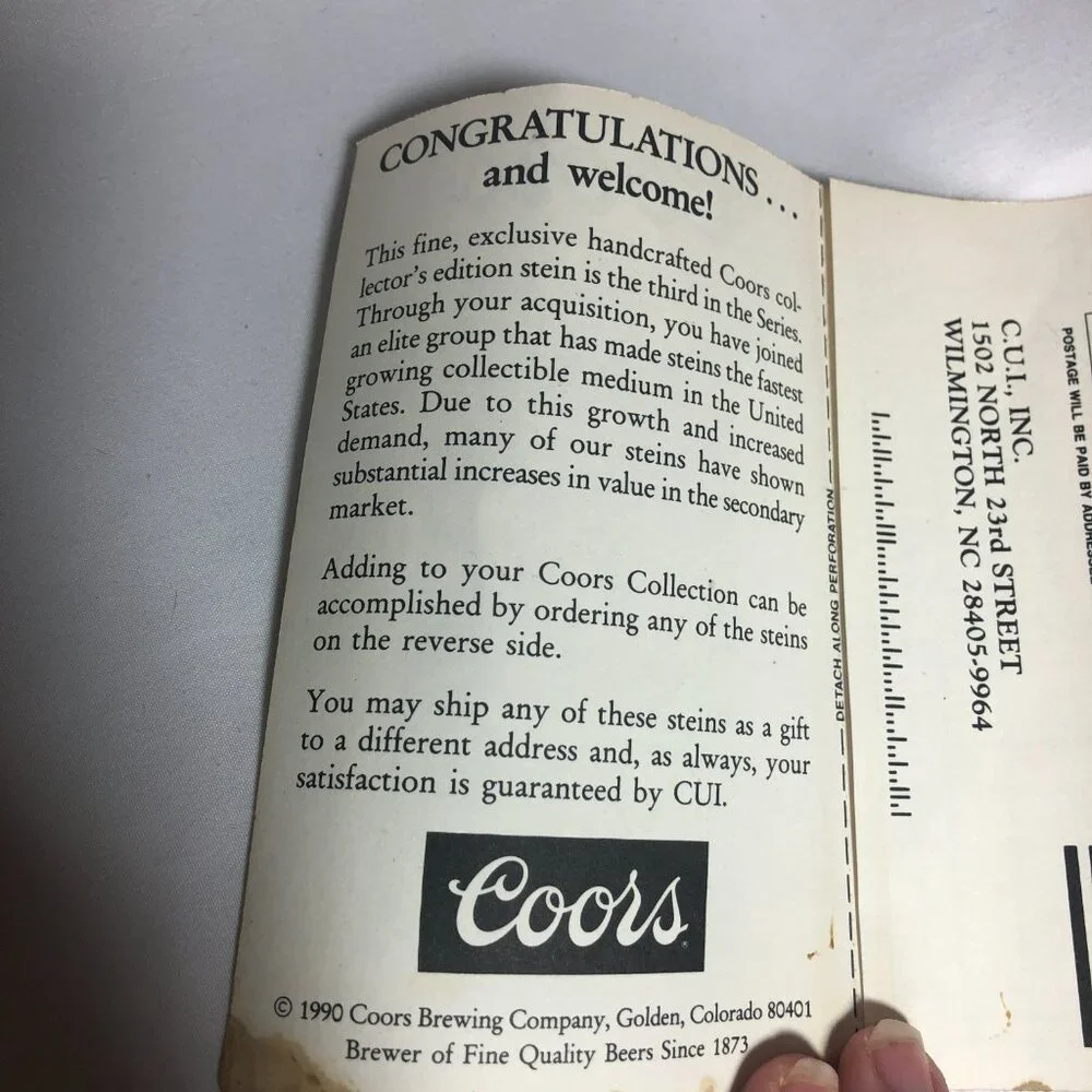 1990 Edition Coors Beer Vintage Stein showing bottles near a waterfall